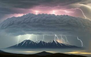 Thick black clouds flashed lightning in the sky photo