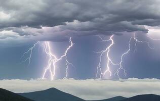 Thick black clouds flashed lightning in the sky photo