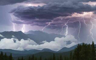 Thick black clouds flashed lightning in the sky photo