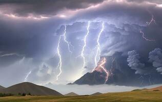 Thick black clouds flashed lightning in the sky photo