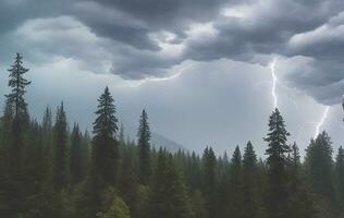 Thick black clouds flashed lightning in the sky photo