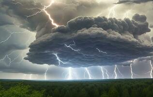 Thick black clouds flashed lightning in the sky photo