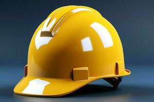 Vivid yellow hard hat isolated on blue, presented in realistic 3D rendering AI Generated photo