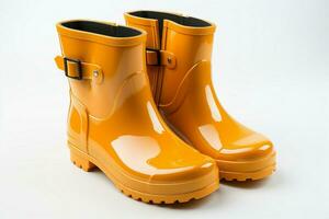 Isolated footwear, Array of yellow rain boots stands out against white background AI Generated photo