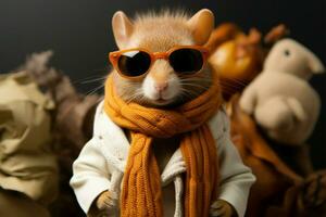 Mini rodent in specs and scarf poses with mannequin flair AI Generated photo