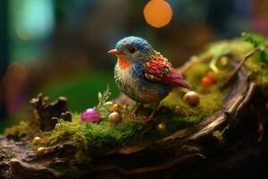 A little cute bird on a bird nest with colorful sparkly eggs is hidden on a branch. Generative AI photo