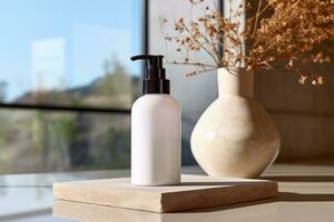 Lotion bottle gracing a countertop, a touch of daily skincare AI Generated photo