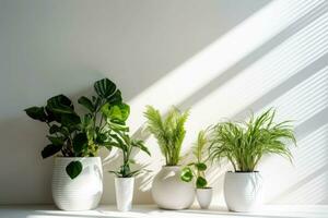 en conserva verde plantas con blanco pared en el antecedentes. Dom rayos plantas de interior generativo ai foto