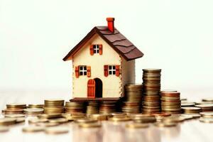 Small house and stack of coins on white background. Concept of investment property. Generative AI photo