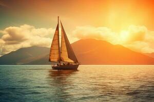 Sailboat in the sea in the evening sunlight over beautiful big mountains background. Generative AI photo