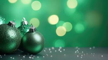 Navidad pelotas de verde color en verde borroso antecedentes. chuchería a Decorar el árbol. Navidad concepto. ai generado foto