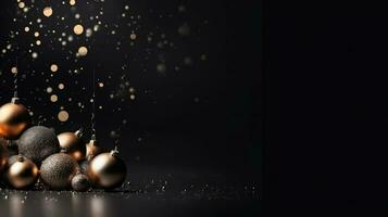 Christmas decorations in black. Baubles and lights on a black background. AI generated photo