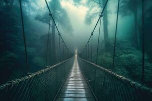 A suspension bridge in the foggy jungle. Generative AI photo