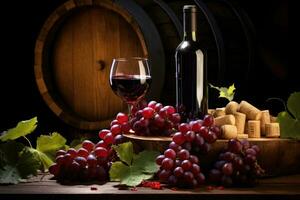 Red wine bottle, grape and wine glass near the wooden barrel. AI generated photo