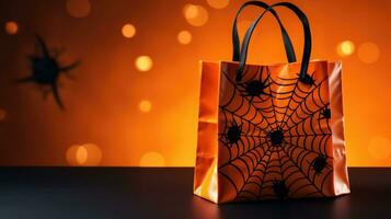 Bag and decor for Halloween on an orange background. Holiday shopping and sale concept. AI generated photo