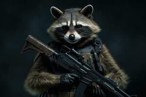 Racoon in body armor and with a machine gun. Beast in an armor with glowing eyes. Generative AI photo