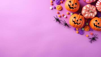 Halloween flat lay composition in pastel colors with pumpkins, bats, spiders, web. AI generated photo