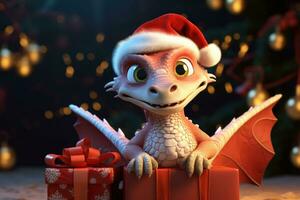 Cute little realistic dragon in a christmas hat with gift boxes. The symbol of the new year. AI generated photo