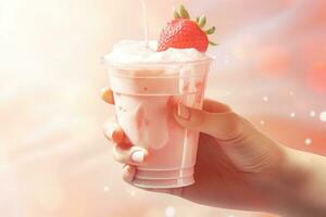 Female hand holds glass of fresh strawberry smoothie. Summer drink milkshake and refreshment organic concept. AI generated photo