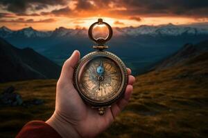 Beautiful landscape with old compass on traveler's hand. The concept of navigating the search for your own path. AI generated photo