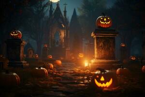 Pumpkins in a cemetery with glowing eyes. Pumpkins in graveyard in the spooky night. AI generated photo