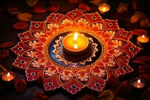 Lamps lit during diwali celebration. Lighting candles in rangoli patterns. AI generated photo
