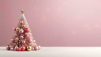 Small pink christmas tree with lights and glass balls. AI generated photo