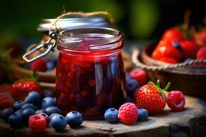 Jar of wild berry jam and fresh berries. Generative AI photo