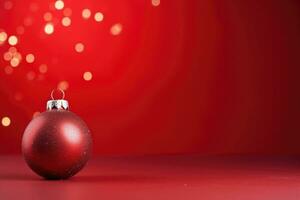 rojo Navidad adornos decoración en rojo borroso antecedentes con luces. nuevo año saludo tarjeta. mínimo estilo. ai generado foto