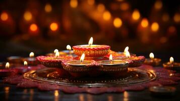 vistoso tradicional petróleo lamparas diya iluminado durante diwali celebracion. hindú festival de luces celebracion. ai generado foto