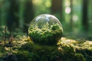 Crystal ball with plants on moss in forest environmental. Earth day concept. Generative AI photo