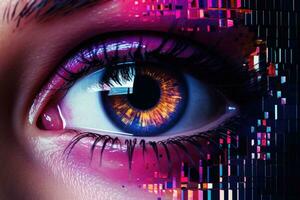 Close up of binary code reflected in the eye. Generative AI photo