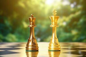 dorado Rey y reina ajedrez pedazo. concepto para negocio competencia y estrategia. generativo ai foto