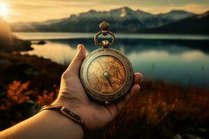 Beautiful landscape with old compass on traveler's hand. The concept of navigating the search for your own path. AI generated photo