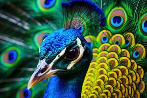 Peacock with open tail. Close up shot of a peacocks colorful plumage. Generative AI photo