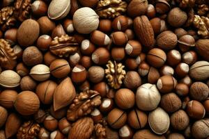 Natural background made from different kinds of nuts, top view. Generative AI photo