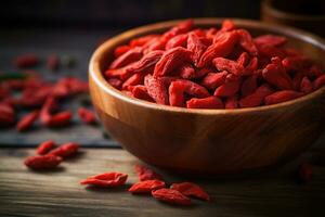 Red dry goji berries in a wooden bowl. Generative AI photo