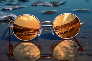 Reflection in the sunglasses shows sea beach. Summer concept. Generative AI photo