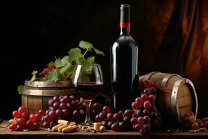 Red wine bottle, grape and wine glass near the wooden barrel. AI generated photo