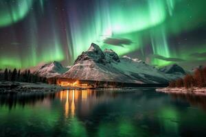 Stunning aurora borealis display in the night sky. Colorful northern light. Generative AI photo