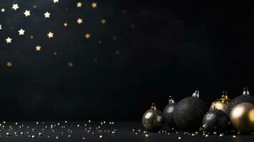 Christmas decorations in black. Baubles and lights on a black background. AI generated photo