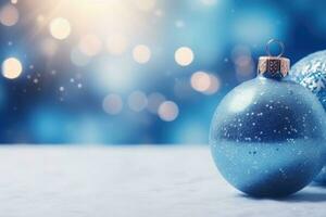 Christmas balls of blue color on blue blurred background. Bauble to decorate the tree. Christmas concept. AI generated photo