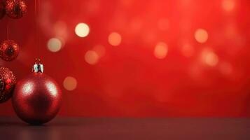 Red Christmas baubles decoration on red blurred background with lights. New Year greeting card. Minimal style. AI generated photo