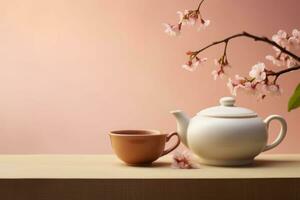 Cup of tea and teapot with sakura branch on pastel background. Tea composition. Generative AI photo