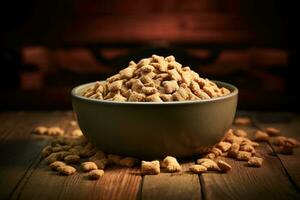 Dry dog food in bowl on wooden background. Generative AI photo