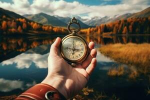 Beautiful landscape with old compass on traveler's hand. The concept of navigating the search for your own path. AI generated photo