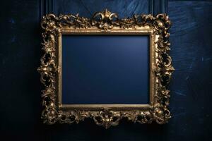 Old antique frame on the dark blue wall. AI generated photo