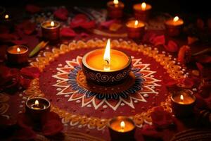 Lamps lit during diwali celebration. Lighting candles in rangoli patterns. AI generated photo