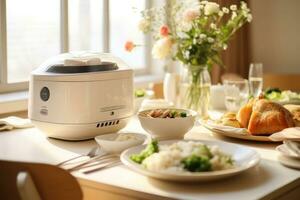 A minimalist bright kitchen with a rice cooker and dishes on top of the dining table. Generative AI photo