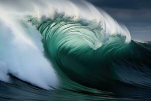 Beautiful deep blue tube wave in the ocean. Ocean wave sunrise from inside a beach wave. Generative AI photo